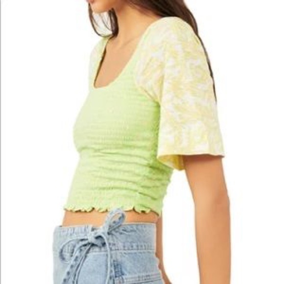 NWT Free People Key Lime Combo Print Smocked Top - Picture 9 of 11